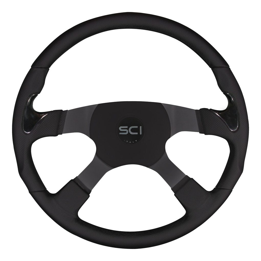Stealth - 18" Black Leather Rim, Black Thumb Grips, Black Aluminum 4-Spoke, Sport 4 Pad