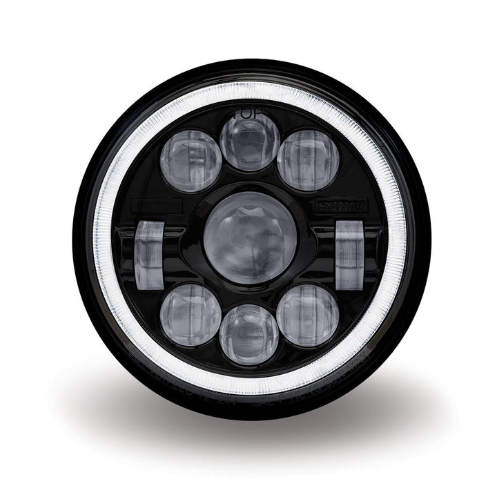 7" Round LED Projector Headlight - Black with White Halo (3,000 Lumens) Combination High & Low Beam