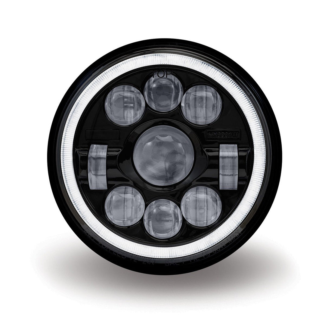 7" Black LED Projector Headlight with Aux white Halo Ring - Combination High and Low Beam - SLIM BACK