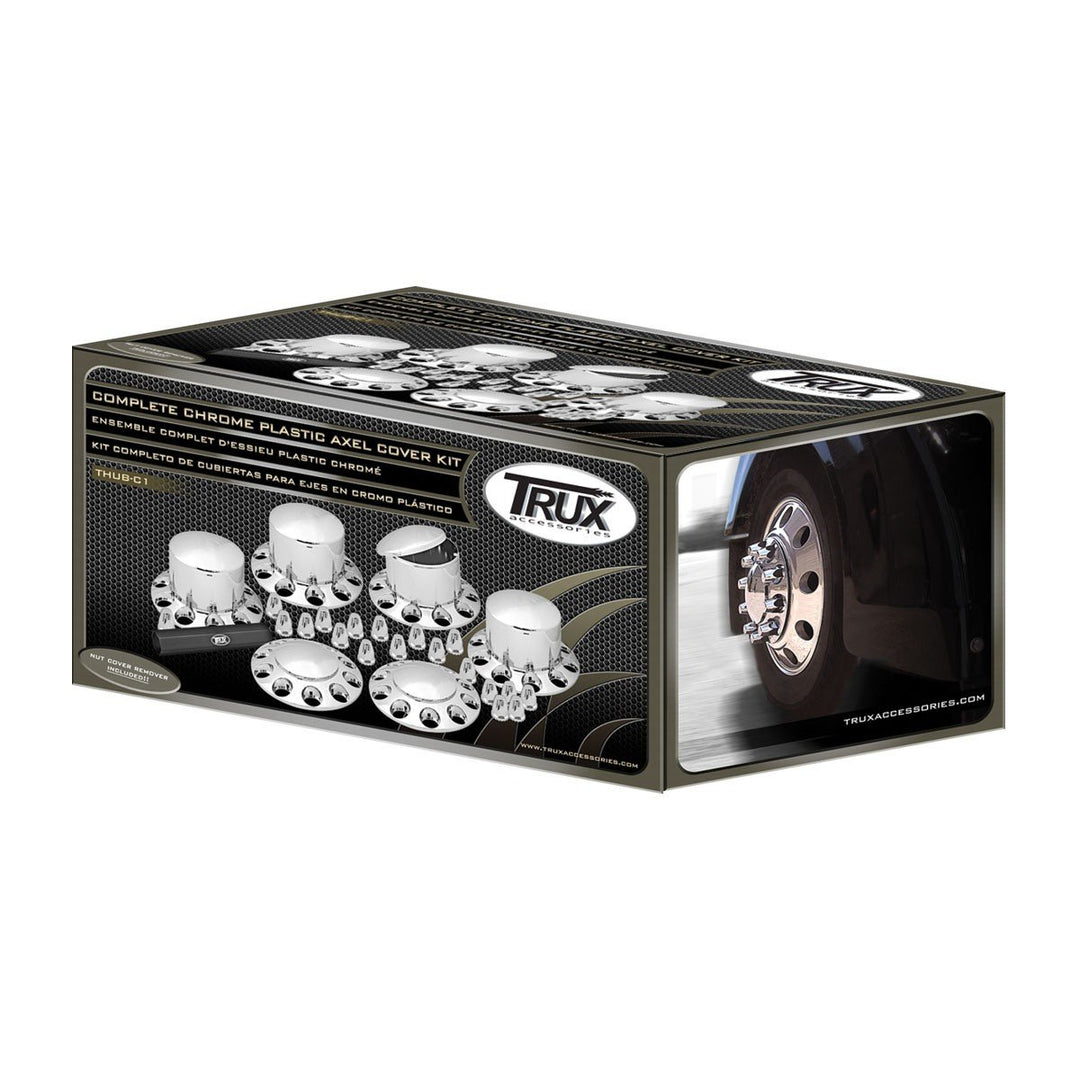 Rounded, Threaded - Chrome Plastic ABS Front & Rear Hub Cover Kit with Removeable Hubcap & Threaded Nut Covers