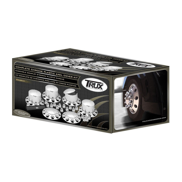 Rounded, Threaded - Chrome Plastic ABS Front & Rear Hub Cover Kit with Removeable Hubcap & Threaded Nut Covers