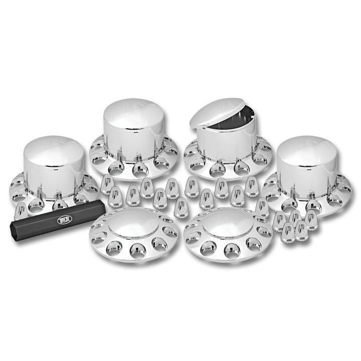 Rounded, Threaded - Chrome Plastic ABS Front & Rear Hub Cover Kit with Removeable Hubcap & Threaded Nut Covers
